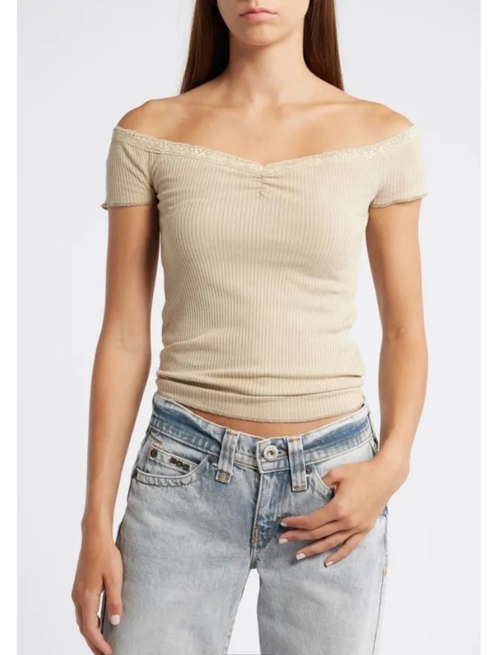BDG Urban Outfitters Off-Shoulder Ribbed Knit Top in Beige M New w tags 33